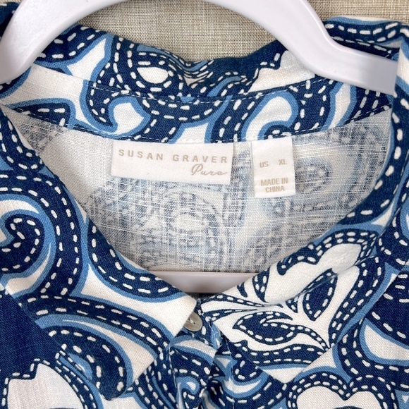 Susan Graver Pure Women’s XL. Button Up Print Linen Blend Short Sleeve Top - Picture 3 of 5